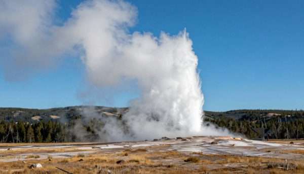 Old Faithful geyser erupting in Yellowstone National Park, a UNESCO site in USA