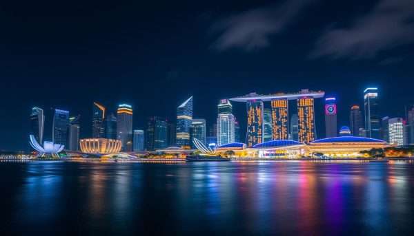 Panoramic view of Singapore skyline at night with light reflections on water Panoramic view of Singapore skyline at night with light reflections on water