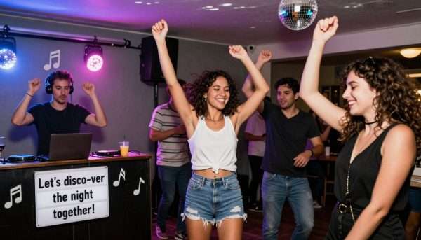 People dancing at a party with music pun decorations People dancing at a party with music pun decorations