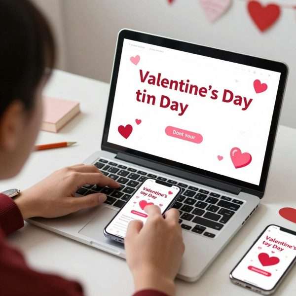 Person creating Valentine's Day digital content with puns for social media Person creating Valentine's Day digital content with puns for social media