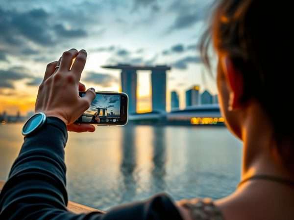 Person taking photo of Singapore skyline with smartphone for social media Person taking photo of Singapore skyline with smartphone for social media