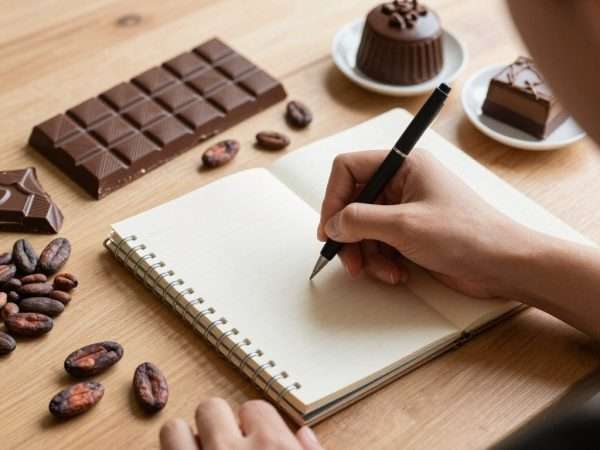 Person writing chocolate puns in a notebook surrounded by chocolate inspiration