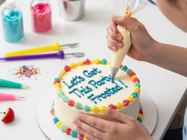 Someone decorating a cake with colorful frosting and the text 'Let's Get This Party Frosted!' Someone decorating a cake with colorful frosting and the text 'Let's Get This Party Frosted!'