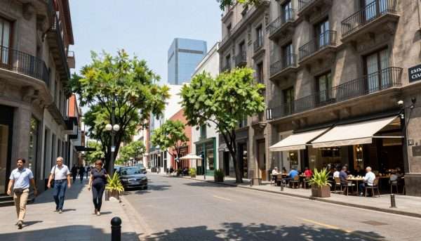 Street view of Polanco neighborhood in Mexico City showing luxury shops and restaurants Street view of Polanco neighborhood in Mexico City showing luxury shops and restaurants