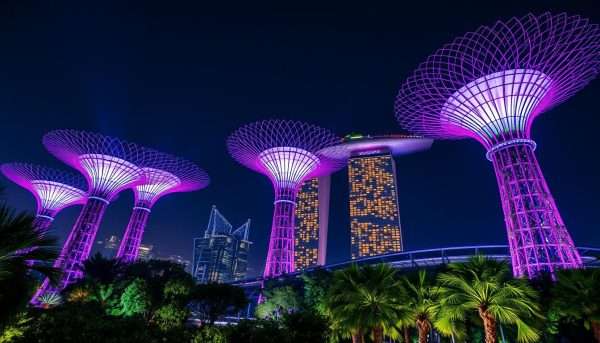 Supertrees at Gardens by the Bay illuminated at night with colorful lights in Singapore Supertrees at Gardens by the Bay illuminated at night with colorful lights in Singapore
