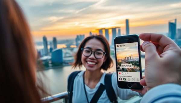 Tourist taking selfie with Singapore skyline and using Singapore puns as caption Tourist taking selfie with Singapore skyline and using Singapore puns as caption