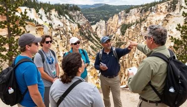 Tourists exploring a UNESCO site in USA with ranger guide