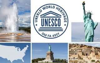 UNESCO World Heritage emblem with several UNESCO sites in USA shown in a collage