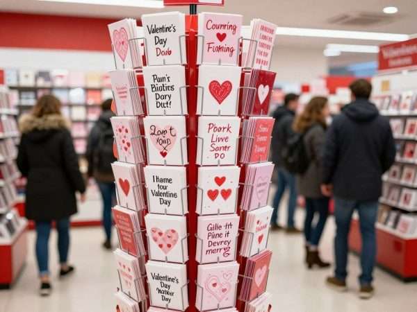 Valentine's Day cards with punny pick-up lines in a gift shop display Valentine's Day cards with punny pick-up lines in a gift shop display