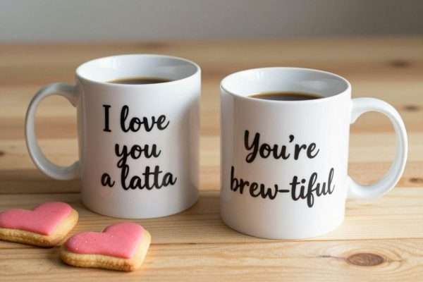 Valentine's Day themed coffee mugs with food puns printed on them Valentine's Day themed coffee mugs with food puns printed on them