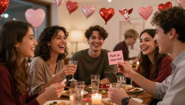 Valentine's Day themed party with people exchanging punny pick-up lines Valentine's Day themed party with people exchanging punny pick-up lines