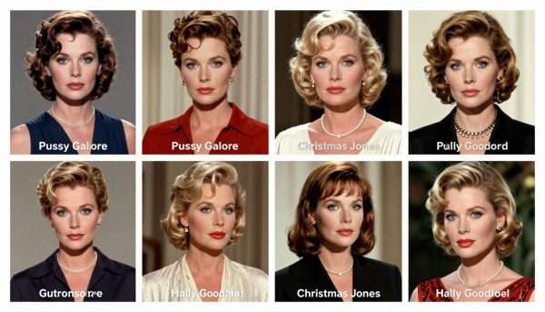 Various Bond girls with punny names in a collage format Various Bond girls with punny names in a collage format