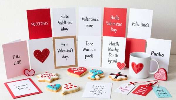 Various Valentine's Day items featuring puns including cards, gifts, and decorations Various Valentine's Day items featuring puns including cards, gifts, and decorations
