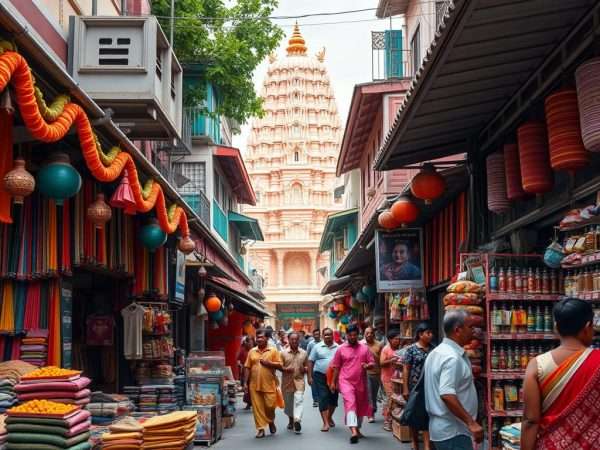 Vibrant street scene in Singapore's Little India with colorful decorations and shops Vibrant street scene in Singapore's Little India with colorful decorations and shops