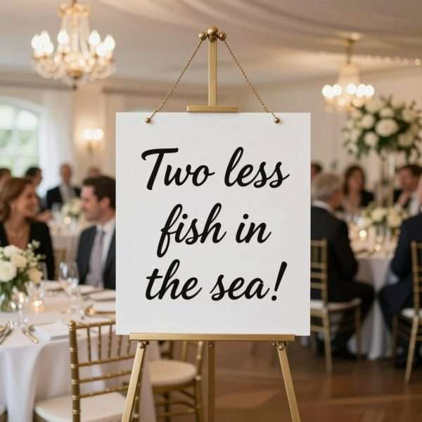 Wedding party with punny signage Wedding party with punny signage