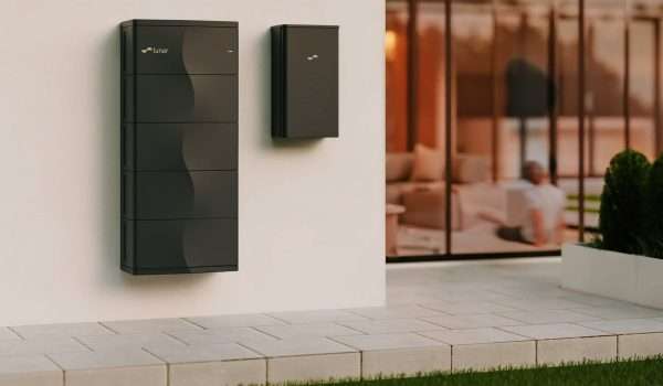 Lunar residential solar battery system mounted on an exterior wall