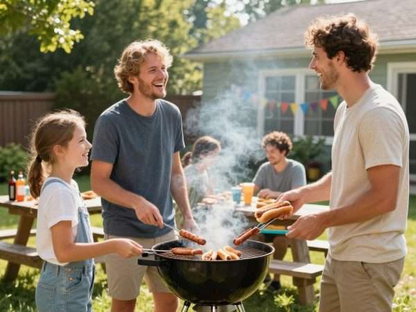 A family enjoying hot dogs and sharing hot dog jokes at a summer BBQ A family enjoying hot dogs and sharing hot dog jokes at a summer BBQ