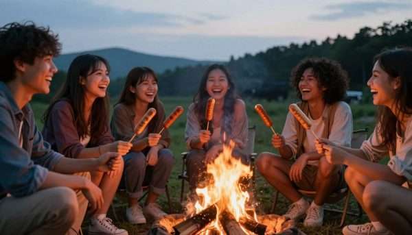 A group of friends laughing at hot dog jokes around a campfire A group of friends laughing at hot dog jokes around a campfire