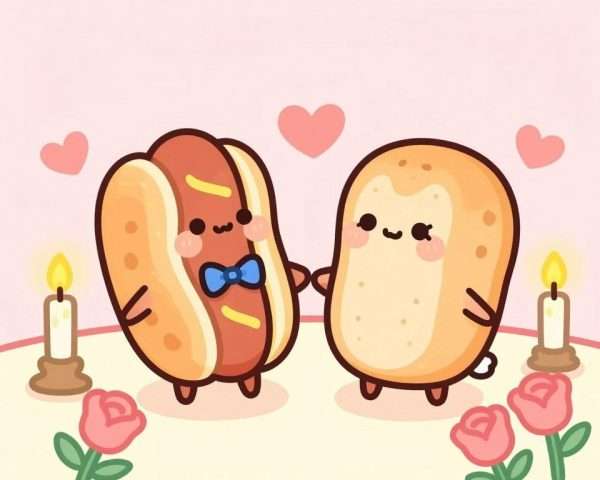 A hot dog and bun in a romantic setting A hot dog and bun in a romantic setting