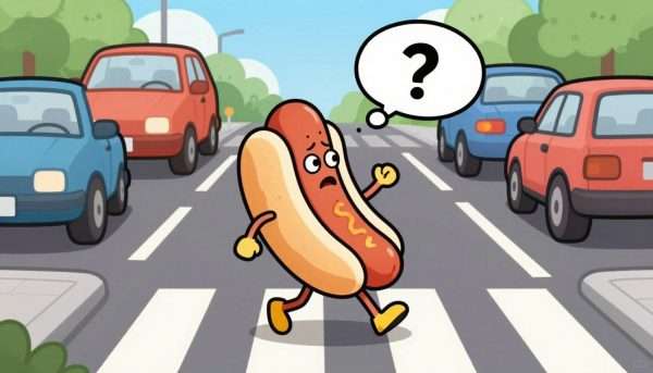 A hot dog crossing a road with a confused expression A hot dog crossing a road with a confused expression
