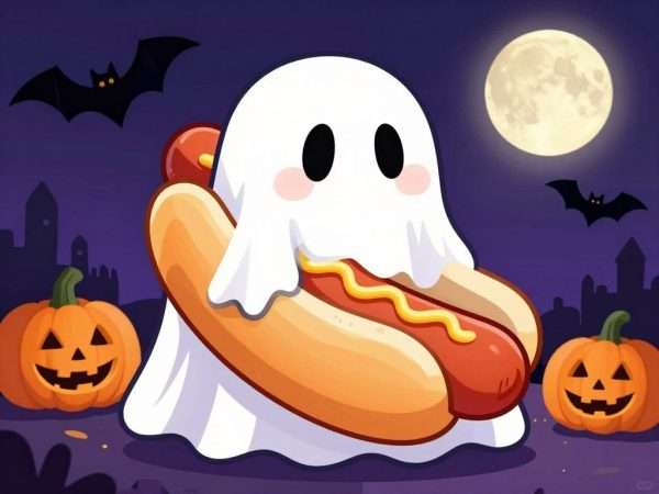 A hot dog dressed as a ghost for Halloween A hot dog dressed as a ghost for Halloween