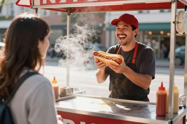 A hot dog vendor with a customer sharing a joke A hot dog vendor with a customer sharing a joke