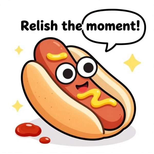 A hot dog with a speech bubble containing a pun about relishing the moment A hot dog with a speech bubble containing a pun about relishing the moment