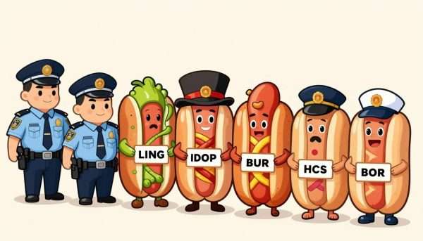 A lineup of hot dogs with name tags and funny costumes A lineup of hot dogs with name tags and funny costumes
