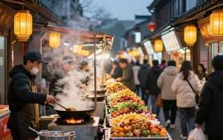 Bustling Chinese street food market with vendors preparing various dishes and customers browsing the colorful food stalls