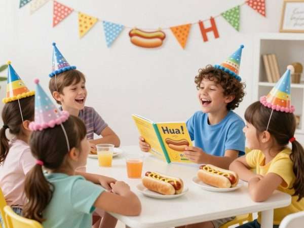 Children laughing at hot dog jokes at a birthday party Children laughing at hot dog jokes at a birthday party