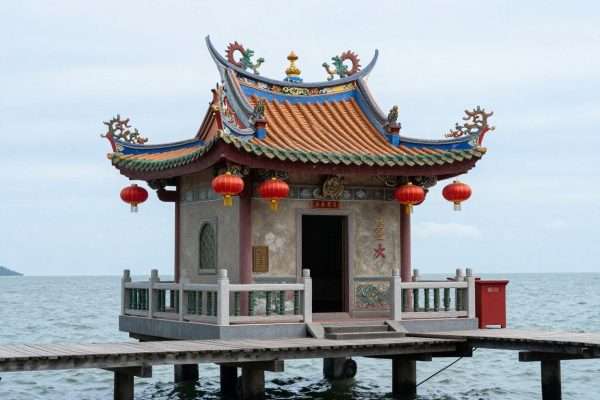 Chinese temple on a pier in Koh Lanta Old Town with traditional red decorations and sea views Chinese temple on a pier in Koh Lanta Old Town with traditional red decorations and sea views