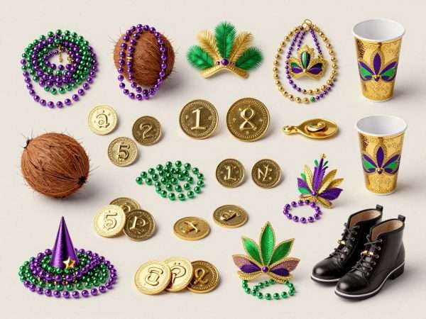 Collection of colorful Mardi Gras throws including beads, doubloons, and decorated coconuts Collection of colorful Mardi Gras throws including beads, doubloons, and decorated coconuts