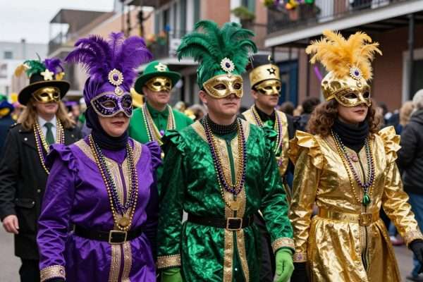Elaborately costumed Mardi Gras revelers in the French Quarter wearing masks and feathers Elaborately costumed Mardi Gras revelers in the French Quarter wearing masks and feathers