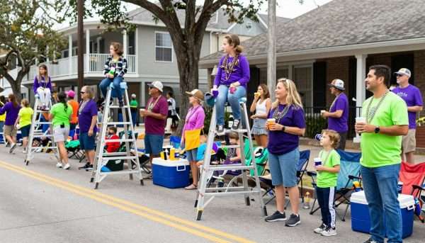 Families with ladder seats watching a Mardi Gras parade on St. Charles Avenue Families with ladder seats watching a Mardi Gras parade on St. Charles Avenue