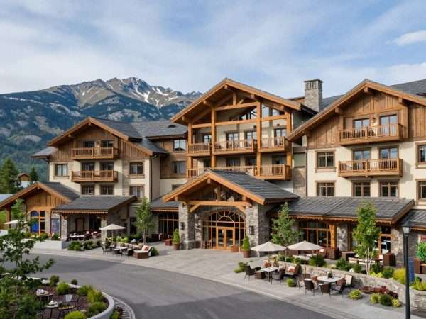 Four Seasons Resort Whistler exterior with mountain backdrop Four Seasons Resort Whistler exterior with mountain backdrop