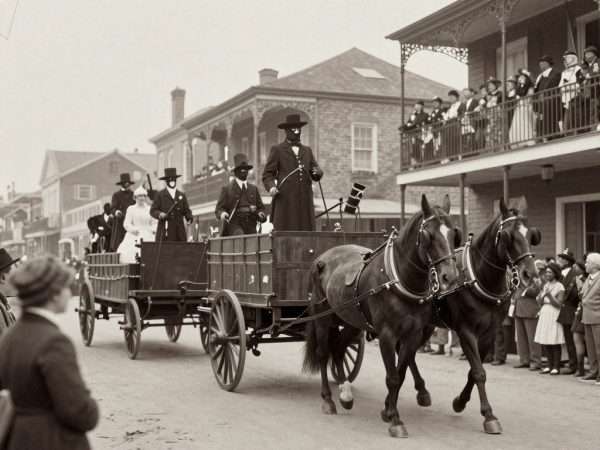 Historic image of early Mardi Gras parade in New Orleans with horse-drawn floats Historic image of early Mardi Gras parade in New Orleans with horse-drawn floats