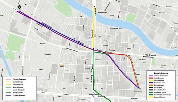 Map of main Mardi Gras parade routes in New Orleans highlighting St. Charles Avenue Map of main Mardi Gras parade routes in New Orleans highlighting St. Charles Avenue