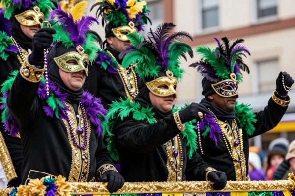 Members of a Mardi Gras krewe in elaborate costumes on a decorated float Members of a Mardi Gras krewe in elaborate costumes on a decorated float