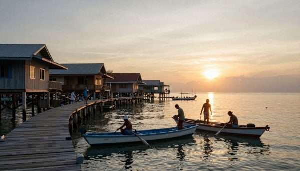Morning scene in Koh Lanta Old Town with fishermen preparing their boats as the sun rises Morning scene in Koh Lanta Old Town with fishermen preparing their boats as the sun rises