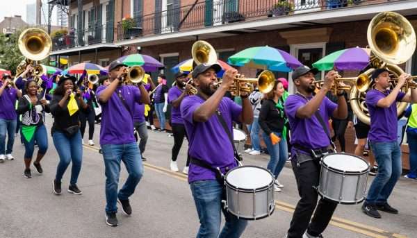 New Orleans brass band leading a second line parade during Mardi Gras New Orleans brass band leading a second line parade during Mardi Gras