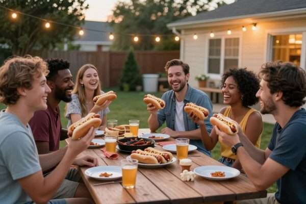 People sharing hot dog jokes at a summer BBQ party People sharing hot dog jokes at a summer BBQ party