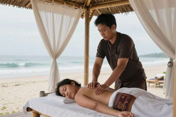 Person getting a beach massage at Geger Beach Person getting a beach massage at Geger Beach
