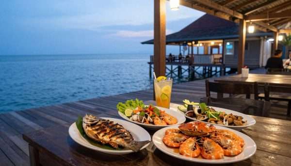 Seafood dinner served at a waterfront restaurant in Koh Lanta Old Town with ocean views Seafood dinner served at a waterfront restaurant in Koh Lanta Old Town with ocean views