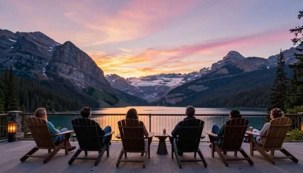 Sunset view of one of the best resorts in Canada with guests enjoying the scenery Sunset view of one of the best resorts in Canada with guests enjoying the scenery