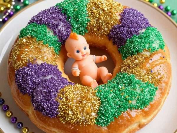 Traditional Mardi Gras king cake decorated with purple, green, and gold sugar with a plastic baby figurine Traditional Mardi Gras king cake decorated with purple, green, and gold sugar with a plastic baby figurine