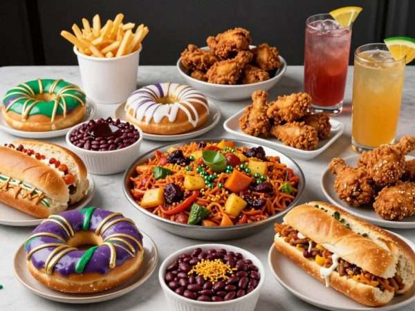 Traditional New Orleans Mardi Gras foods including king cake, jambalaya, and po-boys Traditional New Orleans Mardi Gras foods including king cake, jambalaya, and po-boys