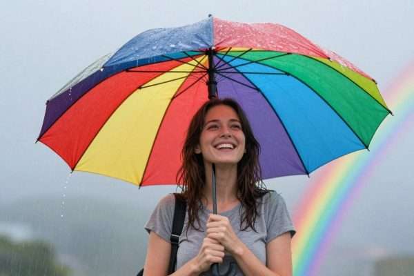 Cheerful person holding colorful umbrella while rain falls with rainbow in background