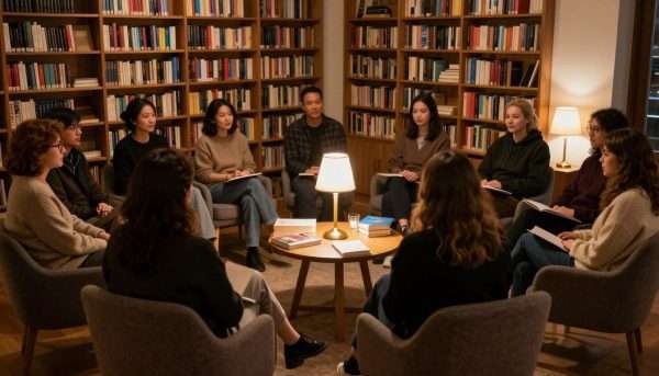 Evening book discussion gathering at retreat Evening book discussion gathering at retreat