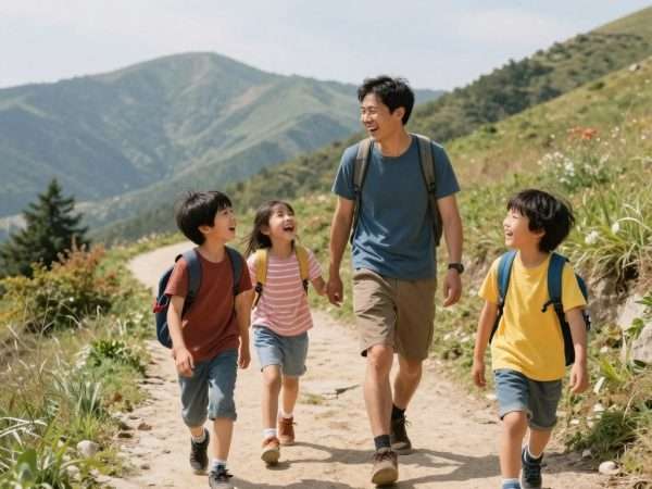 Father telling jokes to children on mountain trail Father telling jokes to children on mountain trail