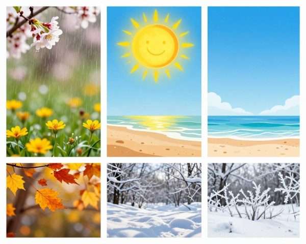 Four-panel collage showing all four seasons with representative weather in each quadrant
